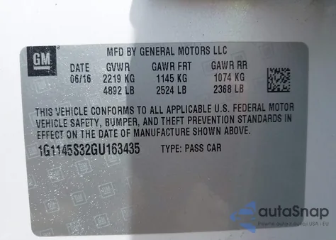 2016 Chevrolet Impala 2Lz z USA, uszkodzony, nr VIN 1G1145S32GU163435